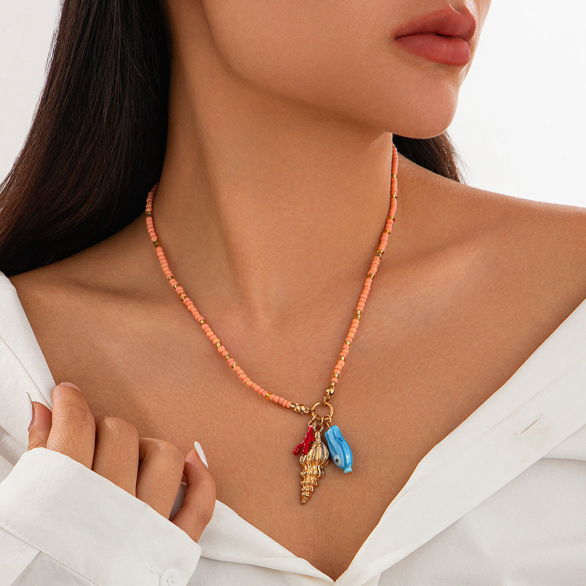 Ins Wind Buddha Hand Eye Alloy Pendant Necklace Conch Acrylic Rice Bead Collar Chain