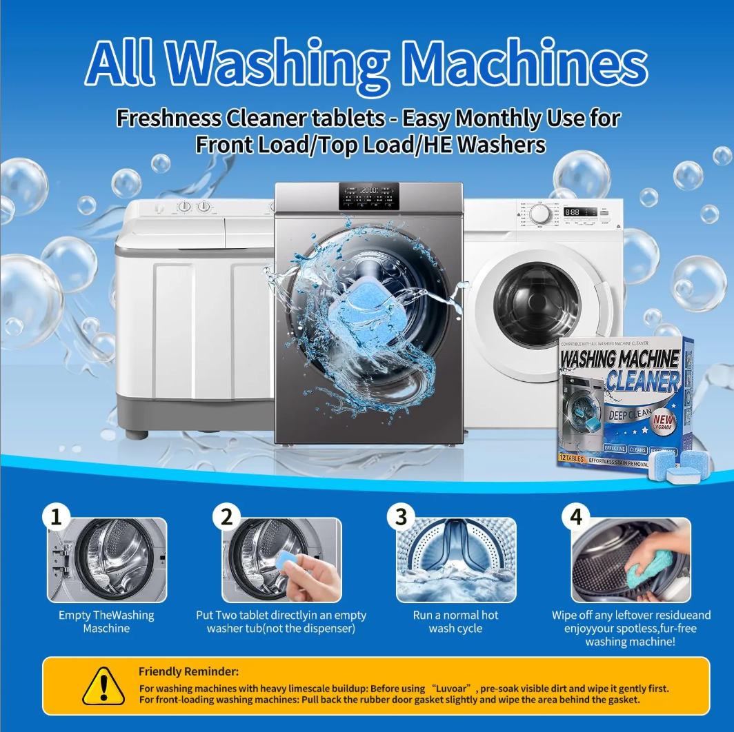 Enzyme Washing Machine Cleaner Tablets (12 Pack) – 2X Power Deep Clean Laundry Machine Cleaner Descaler for HE, Front Load & Top Load Washer, Removes Odor, Fur, Residue & Buildup