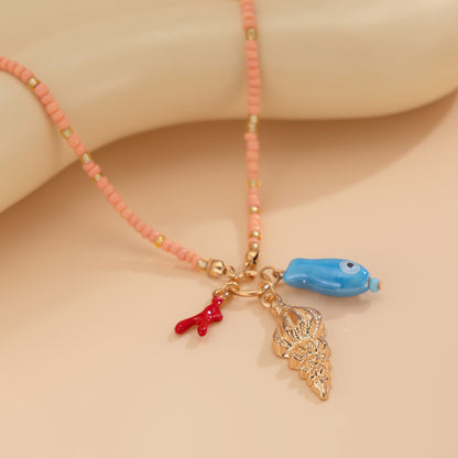 Ins Wind Buddha Hand Eye Alloy Pendant Necklace Conch Acrylic Rice Bead Collar Chain