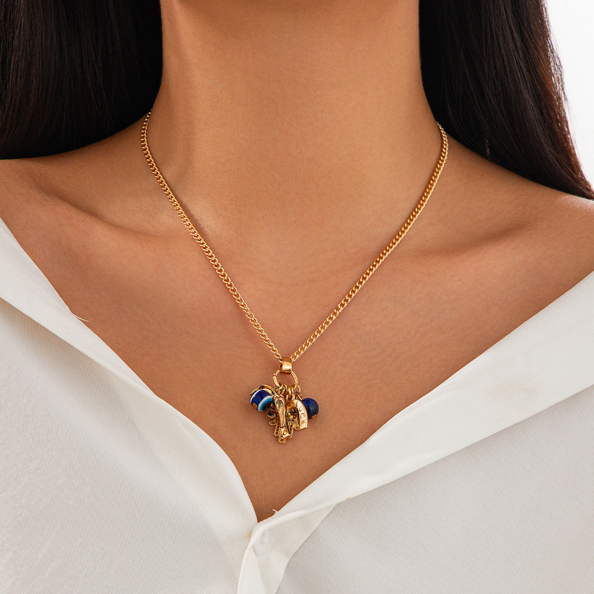 Ins Wind Buddha Hand Eye Alloy Pendant Necklace Conch Acrylic Rice Bead Collar Chain