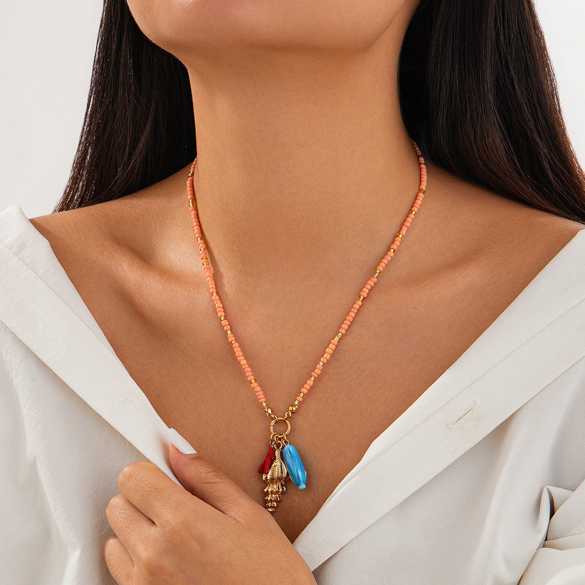 Ins Wind Buddha Hand Eye Alloy Pendant Necklace Conch Acrylic Rice Bead Collar Chain